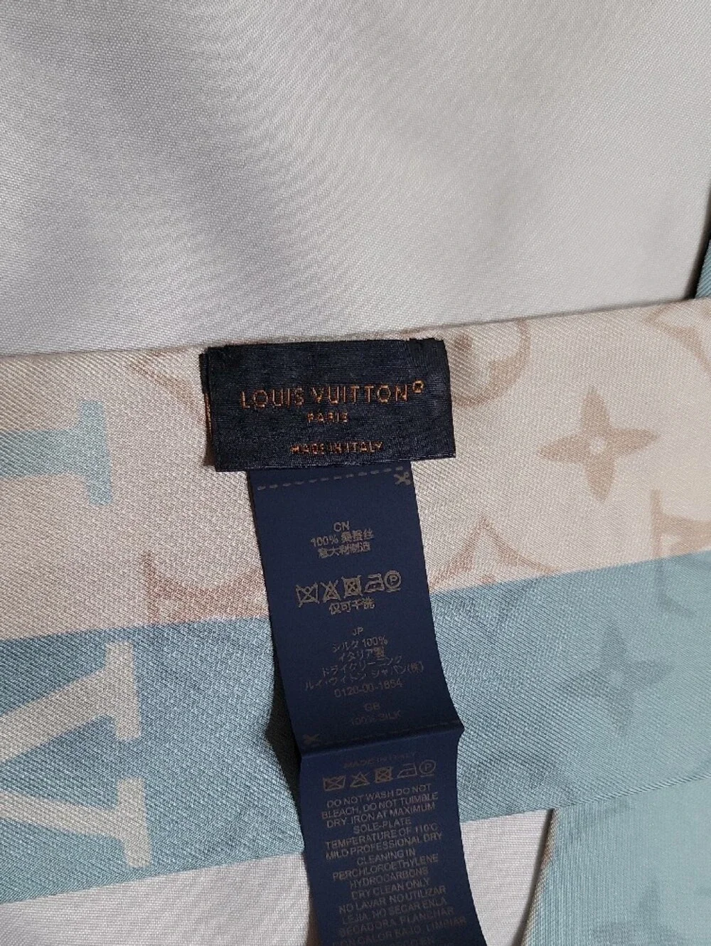 Louis Vuitton Beige, Light Blue & Pastel Logo Twilly Scarf